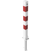 Barrier posts | Steel tube 70 x 70 mm | foldable, with triangular locking mechanism | for casting in concretewith ground socket part-no. 470.60approx. 400 mm below ground | hot-dip galvanized and white coatedwith three red reflecting stripes | with 1 eyelet